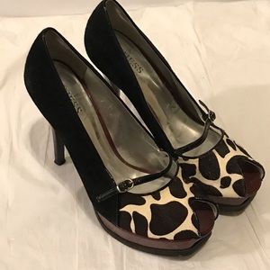 GUESS black suede and cow print stiletto heels 7M